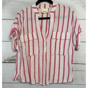 Maeve Anthropologie Pink White Striped Linen Blend Short Sleeve Shirt Small